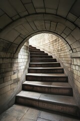 A spiraling staircase inside a stone archway, featuring a warm light illuminating the path upward, inviting exploration and mystery.