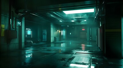 A dimly lit, futuristic corridor with a wet floor, illuminated by neon lights.