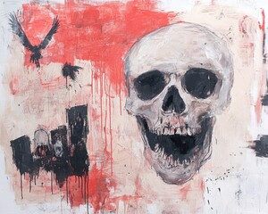 A striking artwork featuring a skull against a vibrant, abstract background, blending elements of horror and creativity.