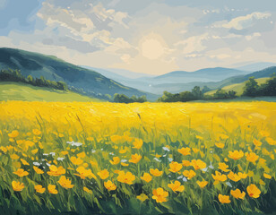 Obraz premium Yellow Flower Field with Mountain View