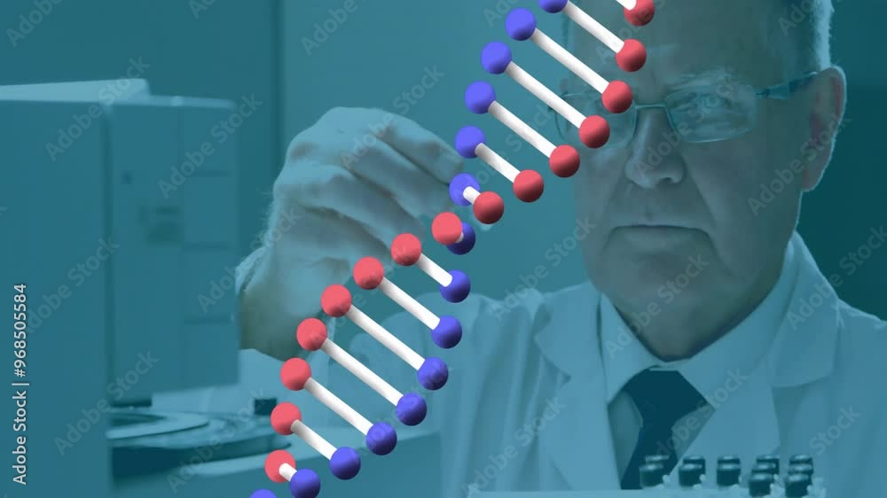 Canvas Prints animation of dna strand over caucasian male scientist working in lab