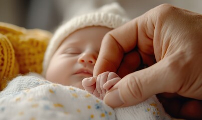 Tender Moment: Hand Holding Newborn's Finger in Hospital Room