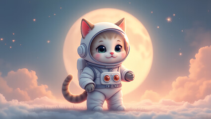 A whimsical digital illustration of a cartoonish cat astronaut delicately rendered in soft pastel hues celestial backdrop with subtle texture and gentle shading adding depth to the minimalist composit