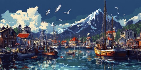 Fototapeta premium Picturesque Harbor with Boats SnowCapped Mountains and Vibrant Sky at Daytime