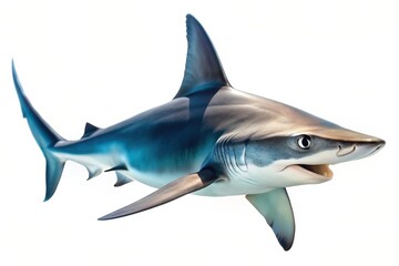 Fototapeta premium Close up of a great hammerhead shark isolated on a white background, shark fins, animal, big fish, white background, marine biology, shark species, endangered species, hammer-like head