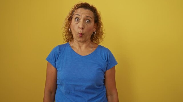 Middle age hispanic woman wearing blue t-shirt standing making a fish face with funny expression, crazy comical gesture over isolated yellow background