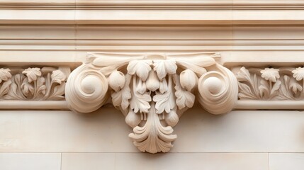 Naklejka premium Intricate architectural detail featuring ornate carvings and classical design elements in soft stone texture.