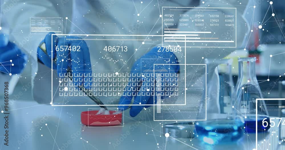 Poster animation of network of connections and data processing over diverse scientists working in lab