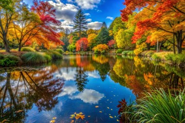 Obraz premium Calm lake reflecting bright autumn leaves
