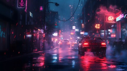 Rainy Night Cityscape with Neon Lights