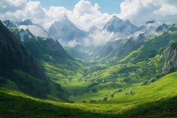 Fototapeta premium Mountain landscape with church on the hill. Morning in a mountain valley.