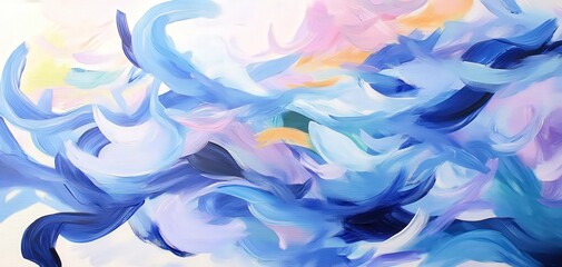 Fototapeta premium Vibrant abstract painting featuring flowing waves of blue and pastel colors, creating a soothing and dynamic visual experience.