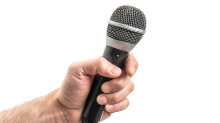 Hand holding a microphone on transparent background
