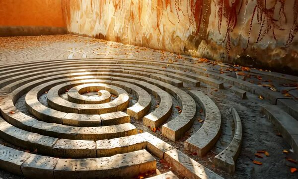 Sunlight casting warm light on circular stone labyrinth with scattered leaves