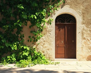 A charming wooden door surrounded by vibrant greenery, showcasing rustic architecture and inviting outdoor tranquility.