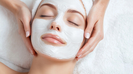 A woman receiving a rejuvenating facial treatment, with a white mask applied to her face, relaxation and skincare