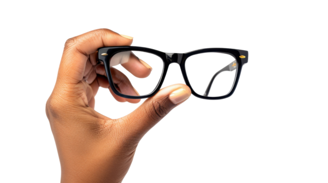 Hand holding black glasses on transparent background