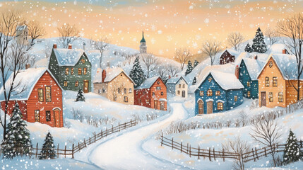 Fototapeta premium Snowy Village Sunset.