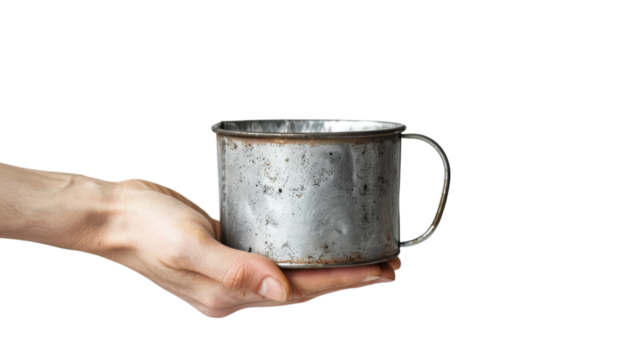 Hand holding a tin cup on transparent background