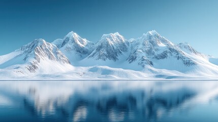 Serene snowy mountains reflected in calm water under a blue sky.