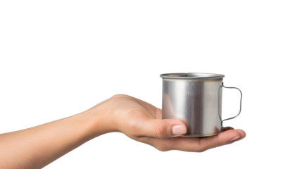 Hand holding a tin cup on transparent background