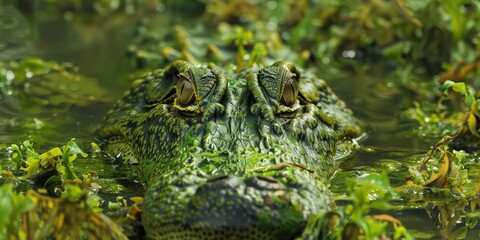 Fototapeta premium Minimalist depiction of a crocodile head blending into a murky river setting.