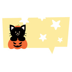 Illustration of Halloween text bubble with black cat and pumpkin on star background for decoration, text, message, speech, chatting, dialogue, cartoon, comic, masking tape, sticker, print, campaign