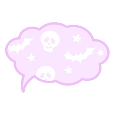 Illustration of Halloween text bubble with head skull, stars, bat on purple background for decoration, text, message, speech, chatting, dialogue, cartoon, comic, masking tape, sticker, print, campaign