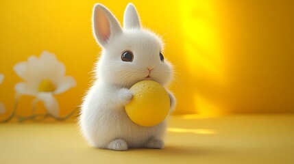 Fototapeta premium A cute white bunny rabbit holds a yellow ball in its paws, sitting on a yellow background with white flowers in the background.