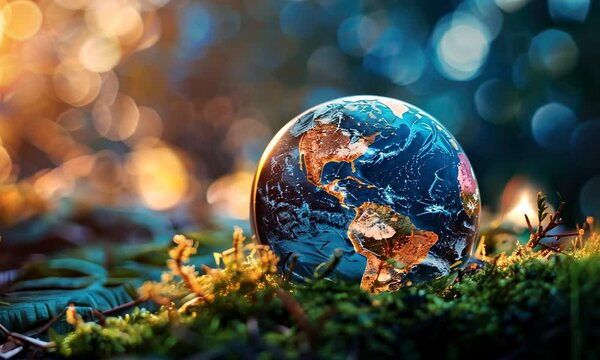 Realistic globe amidst forest undergrowth with magical, glowing background
