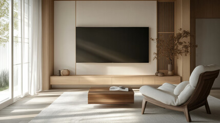 Elegant Japandi style TV wall with minimalist design, featuring wooden coffee table and cozy armchair. serene atmosphere is enhanced by natural light and soft textures