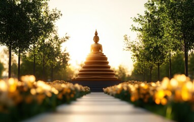 A serene sunrise scene of a Buddha statue surrounded by vibrant flowers and lush trees, evoking peace and tranquility.
