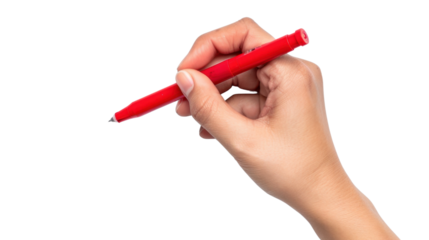 Hand holding red pen marker on transparent background