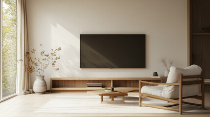 Elegant Japandi style TV wall with cozy seating area, featuring wooden chair, minimalist decor, and natural light streaming in. perfect blend of simplicity and comfort