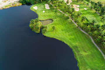 Aerial view drone shot of beautiful golf field High angle view