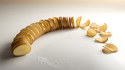 Potato slices turning into chips isolated, Crispy potato chips, salted, on white background
