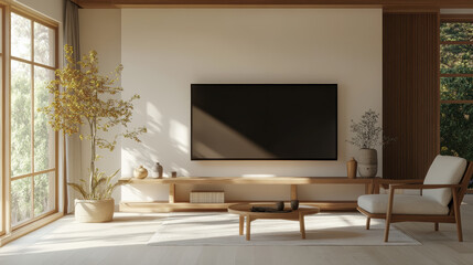 A serene Japandi style living room featuring an elegant TV wall unit, cozy chair, and natural light streaming through large windows. space is adorned with plants, creating harmonious atmosphere