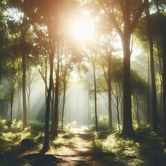 Obraz premium Blur background of sunlight filtering through trees in a lush forest.