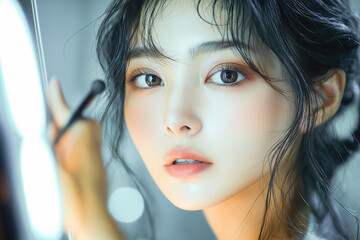 楽屋でメイクをしている女性