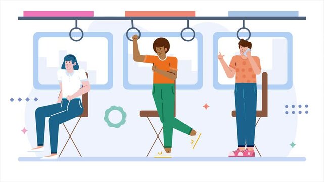 traveling in metro train interior with passengers seated and standing while holding handrails animated video