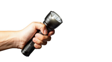 Hand holding flashlight on transparent background