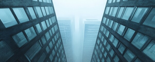 Aerial view of modern skyscrapers shrouded in fog, creating a mysterious urban landscape highlighting architectural beauty.
