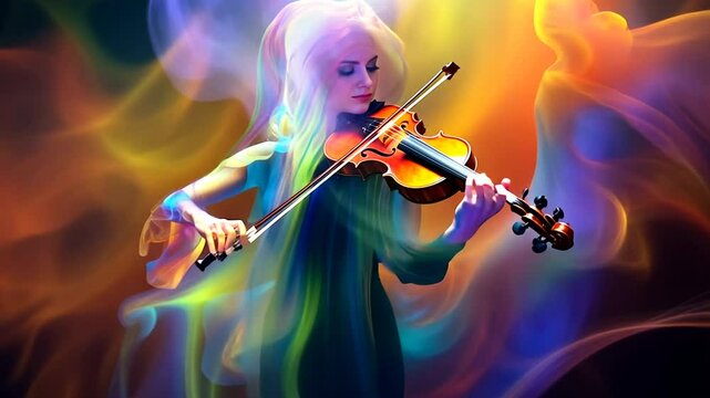 Colorful streams of creativity flow from a violinist's music, representing the sensory overlap of sound and sight