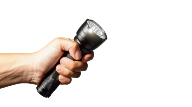 Hand holding flashlight on transparent background