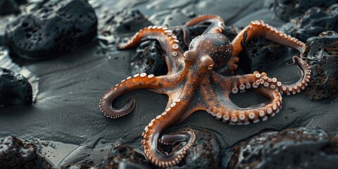 Fototapeta premium Imitate Octopus on dark volcanic shore