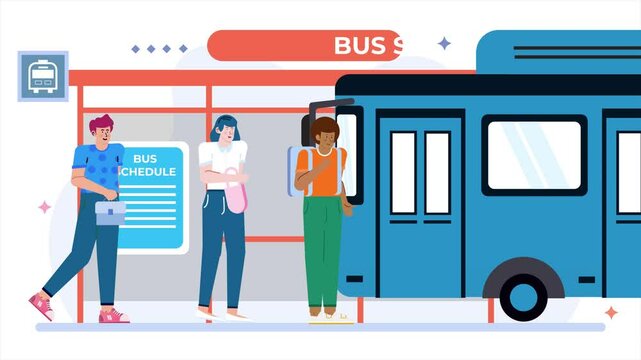 people waiting at a bus station with a schedule board illustration animated video