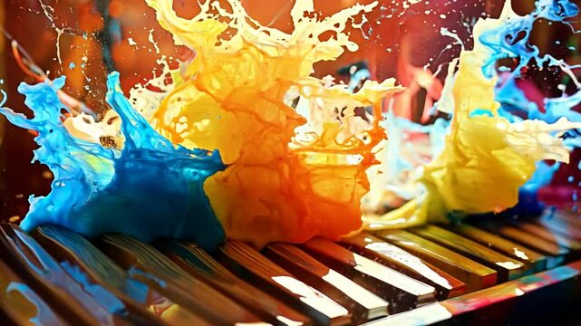 Colorful liquid splashes over piano keys, creating a dynamic representation of music through vibrant visuals