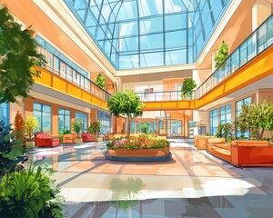 Bright and welcoming indoor atrium with plants, large windows, and modern furniture creating a vibrant atmosphere.