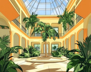 Fototapeta premium Bright indoor garden featuring tall palms and vibrant greenery under a glass ceiling, creating a serene atmosphere.