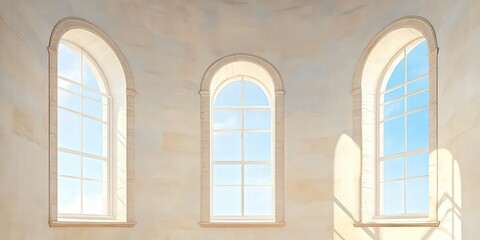 Obraz premium Bright interior featuring three elegant arched windows with a serene view, showcasing natural light and minimalist design.